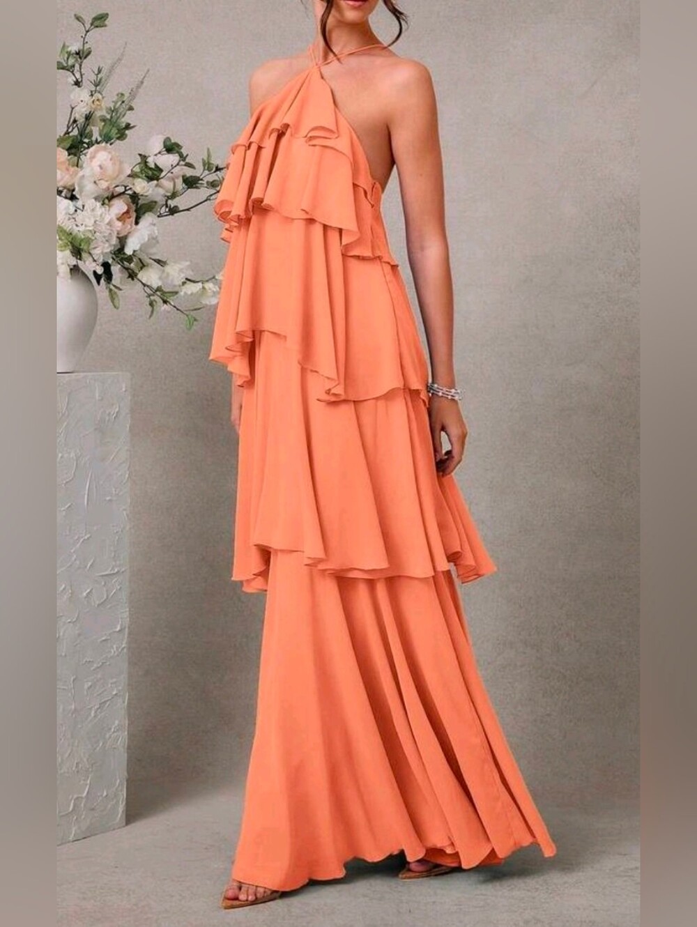 New Tiered Chiffon Ruffle Halter Maxi Dress Backless Coral Orange Peach - Picture 5 of 8